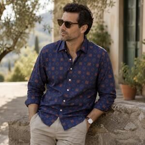 Hunt Club 2XLT Tall Men’s Blue Medallion Geometric Cotton Button Up Casual Shirt